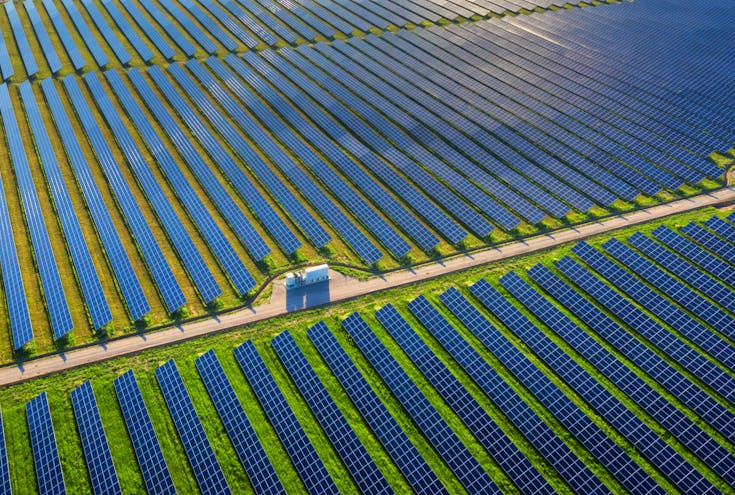 Photovoltaic power plant. Solar panels in aerial view
